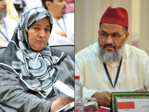 2016-08-26 13:30:39 (COMBO) This combination of pictures created on August 26, 2016 shows the vice presidents of the Unity and Reform Movement (MUR) Islamist party, Fatima Nejjar (L) attending a conference in Rabat at an unknown date and Moulay Omar Benhammad attending a conference in the Moroccan capital on August 7, 2014.  Benhammad and Nejjar, both in their 60s and vice presidents of MUR, have been "suspended from all structures of the movement", the party said following media reports that they were arrested in a "sexual position" on a beach.  / AFP PHOTO / STRINGER